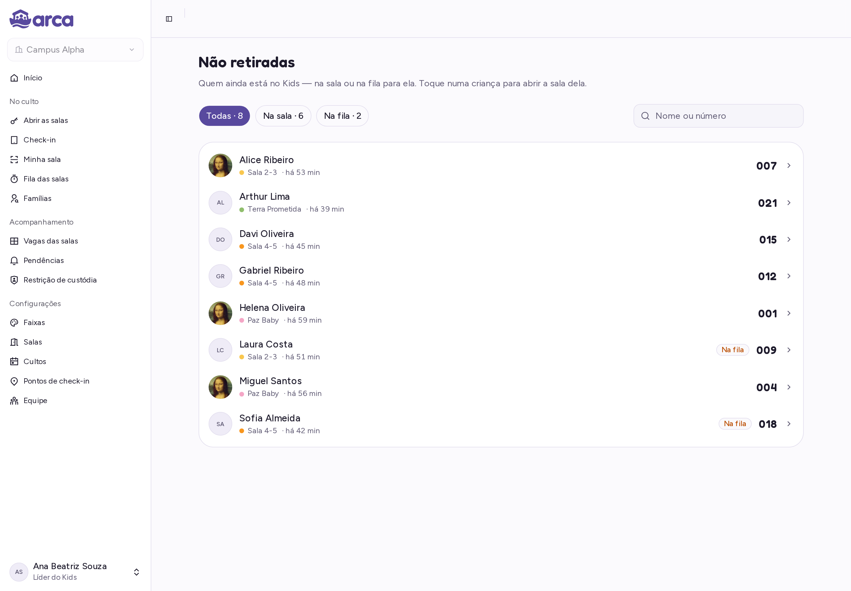 Lista das crianças ainda não retiradas, com filtros