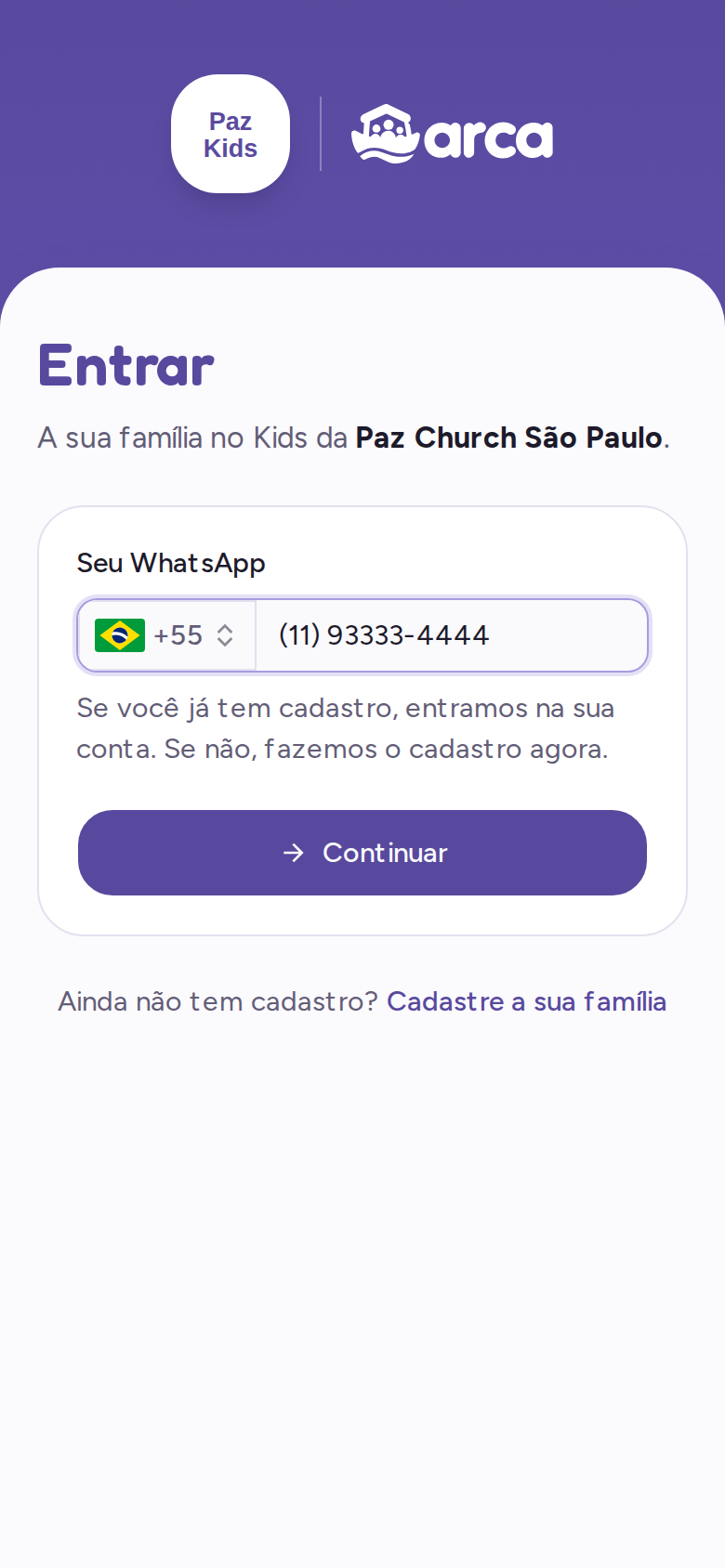 Tela de entrada da família pedindo o telefone