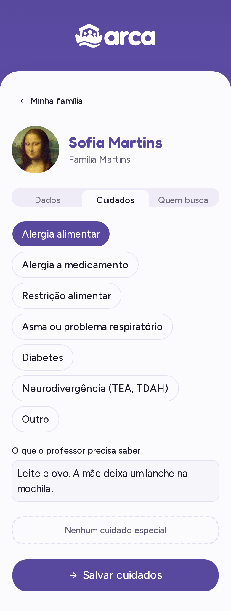 Aba de cuidados da criança na área da família