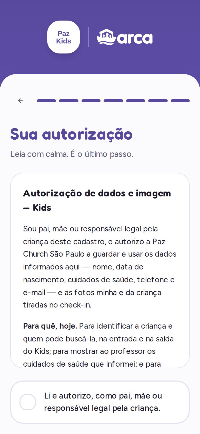 Texto de autorização com a caixa de aceite no celular