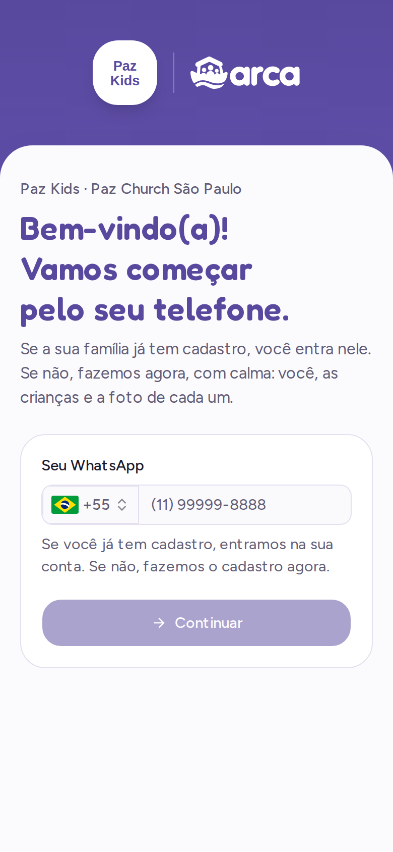 Página de boas-vindas da igreja pedindo o WhatsApp