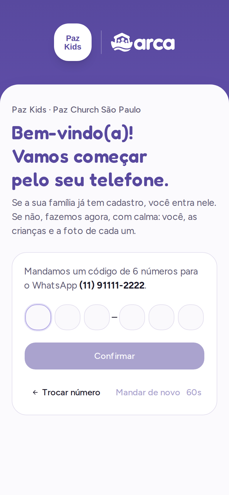 Tela pedindo o código recebido no WhatsApp