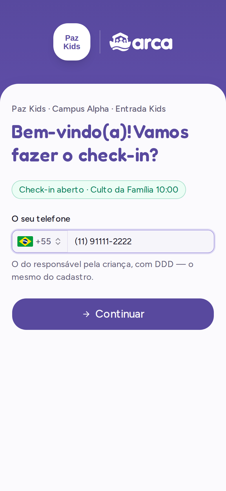 Página do check-in no celular pedindo o telefone