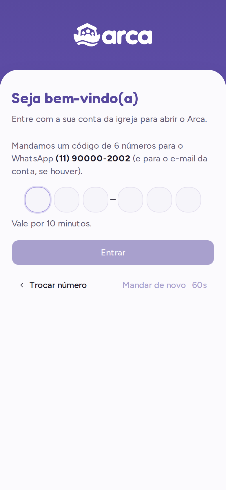 Tela pedindo o código de 6 números enviado pelo WhatsApp