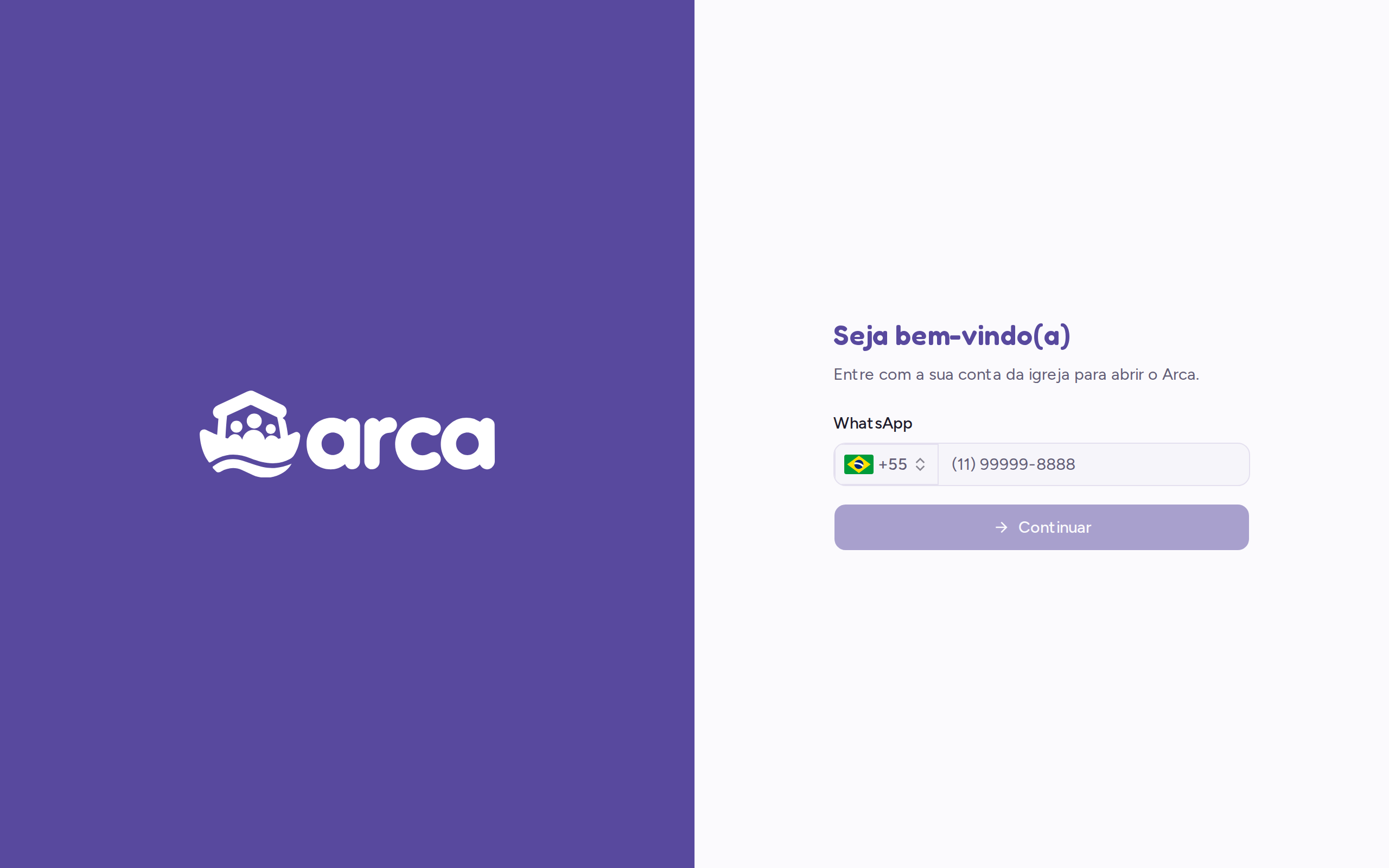 Tela de entrada do Arca pedindo o WhatsApp