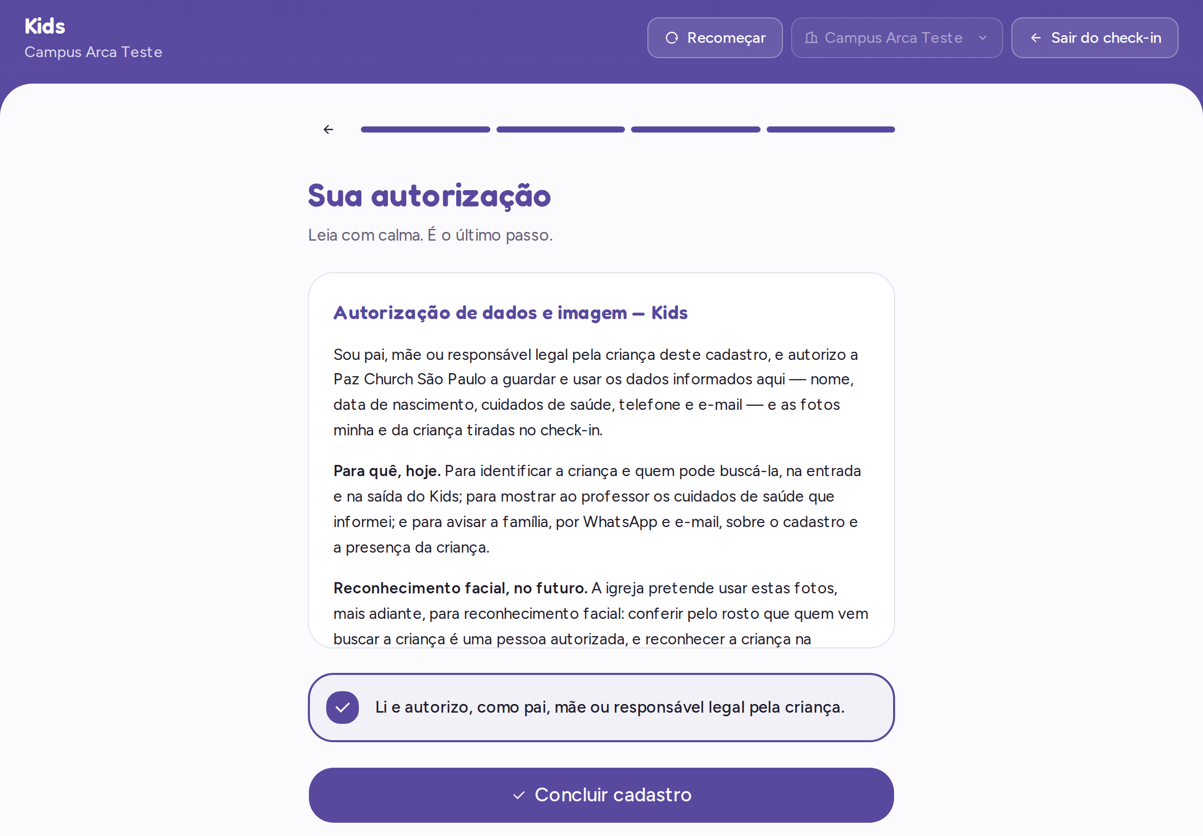 Texto de autorização com a caixa de aceite