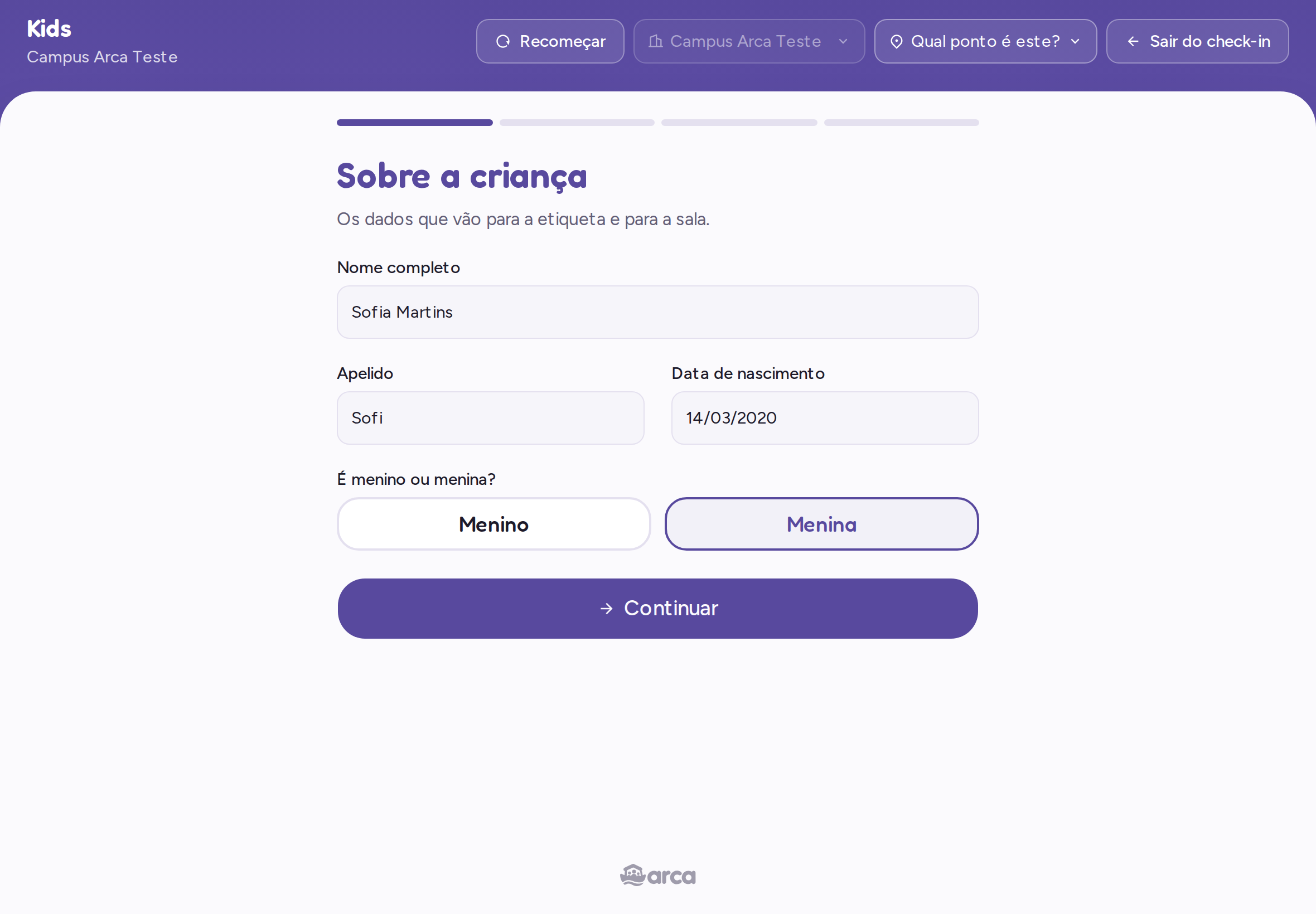 Tela com nome, apelido, nascimento e gênero da criança