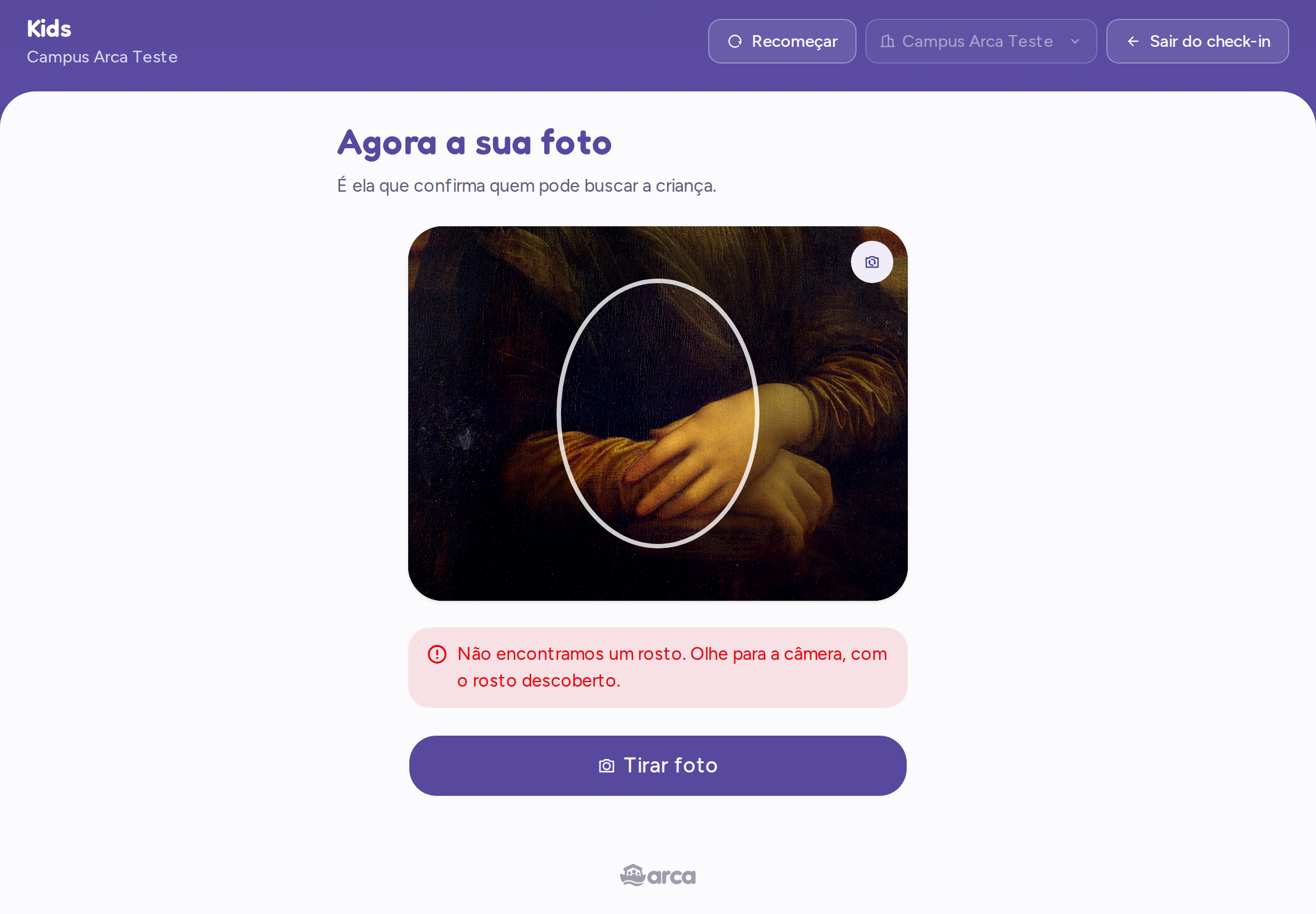 Câmera recusando a foto com a mensagem de rosto não encontrado
