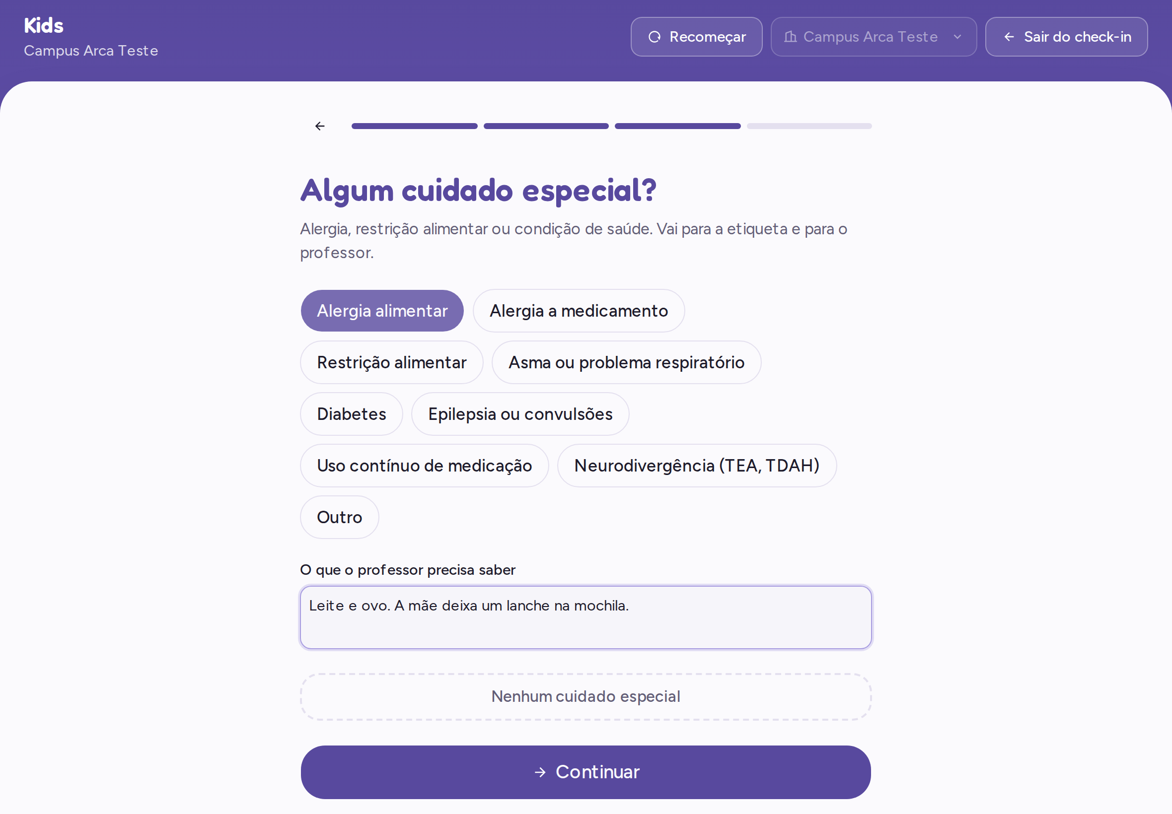 Lista de cuidados especiais com o botão Nenhum cuidado especial