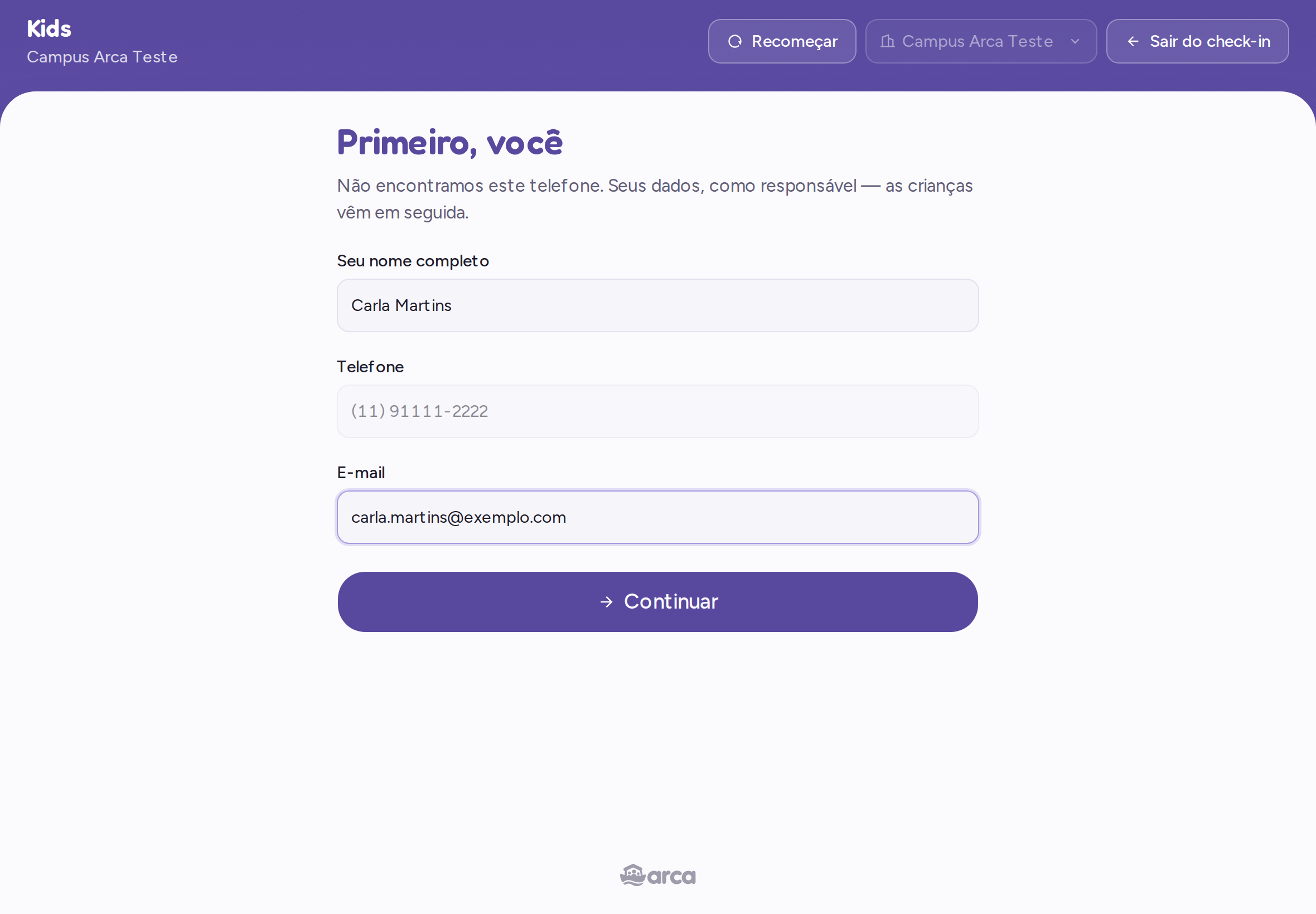 Formulário com nome e e-mail do responsável