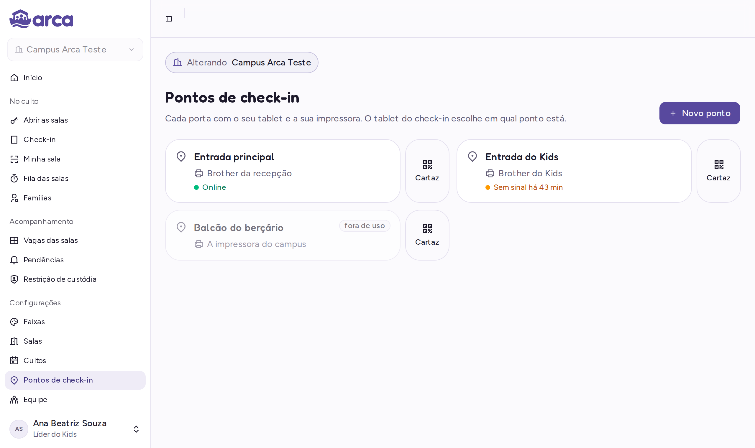 Lista de pontos de check-in, cada um com a impressora e o estado dela