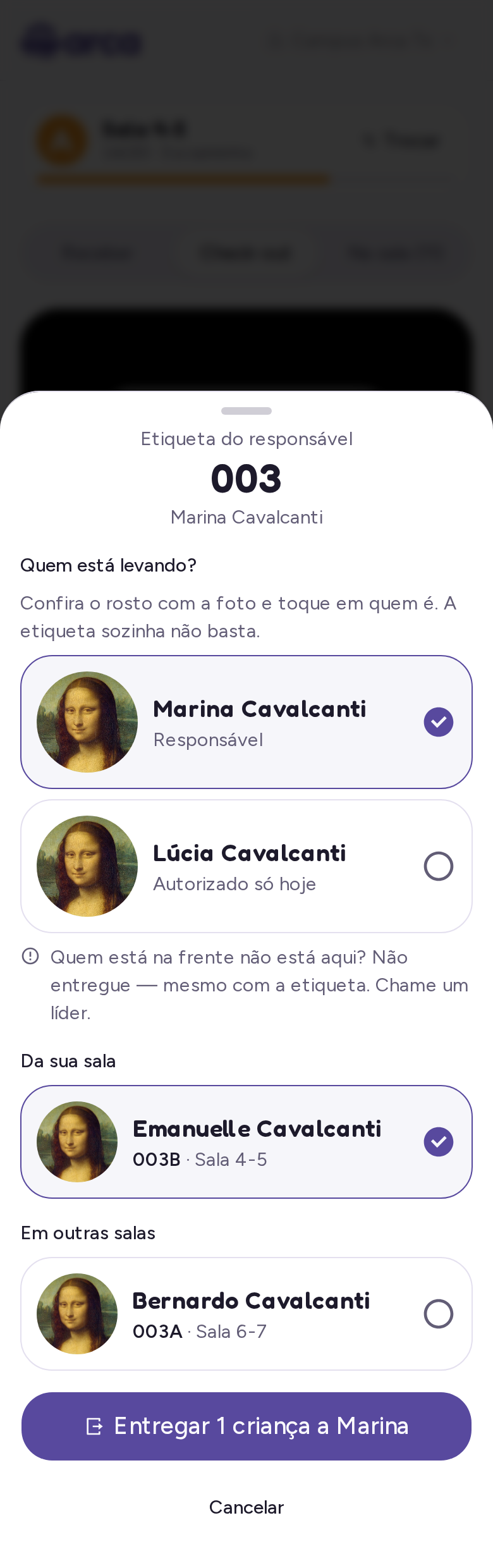 Confirmação de entrega das crianças ao responsável