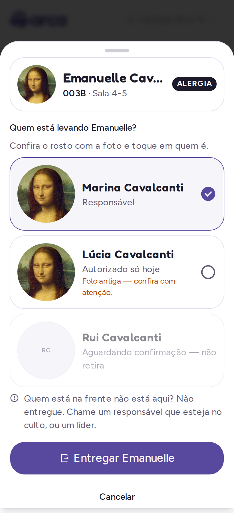 Lista de quem pode retirar a criança, cada pessoa com a foto