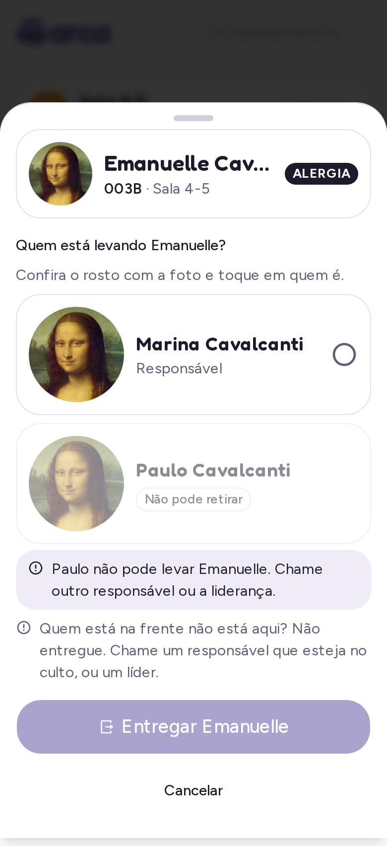 Lista de retirada com uma pessoa apagada marcada como não pode retirar