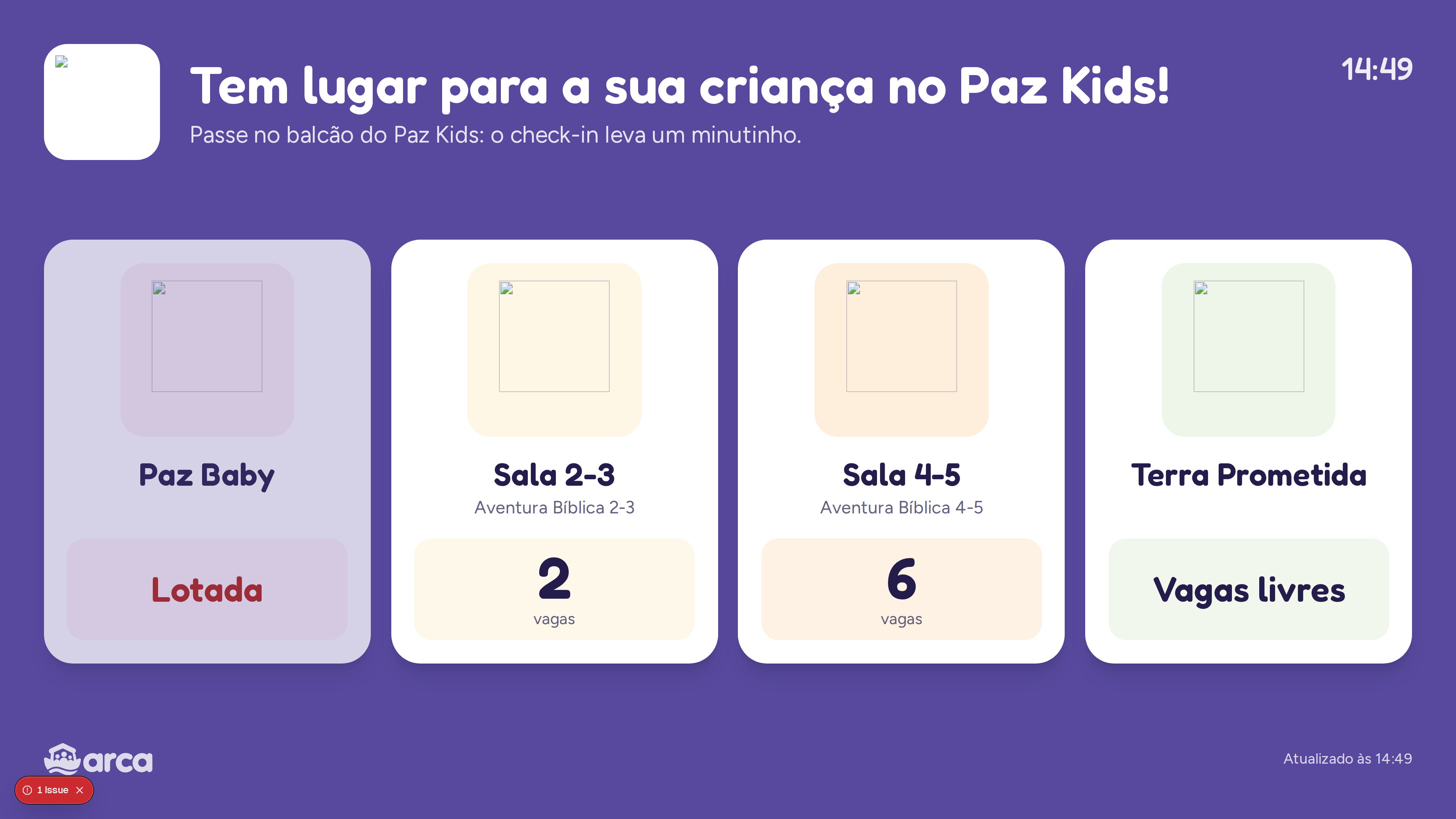 Tela da TV com as vagas de cada sala em letras grandes