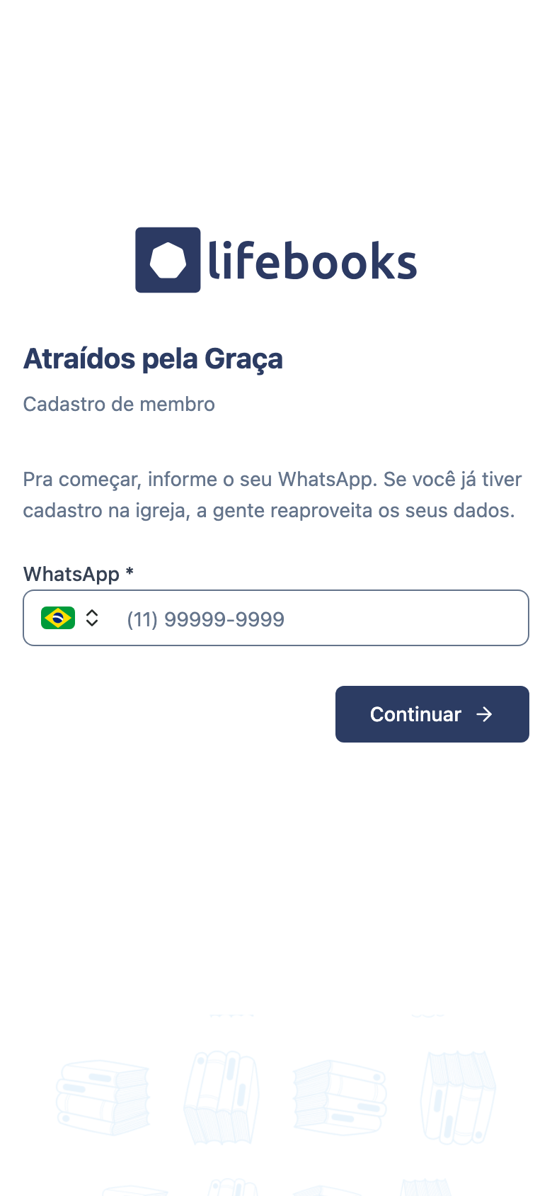 Primeira tela do cadastro, pedindo o WhatsApp
