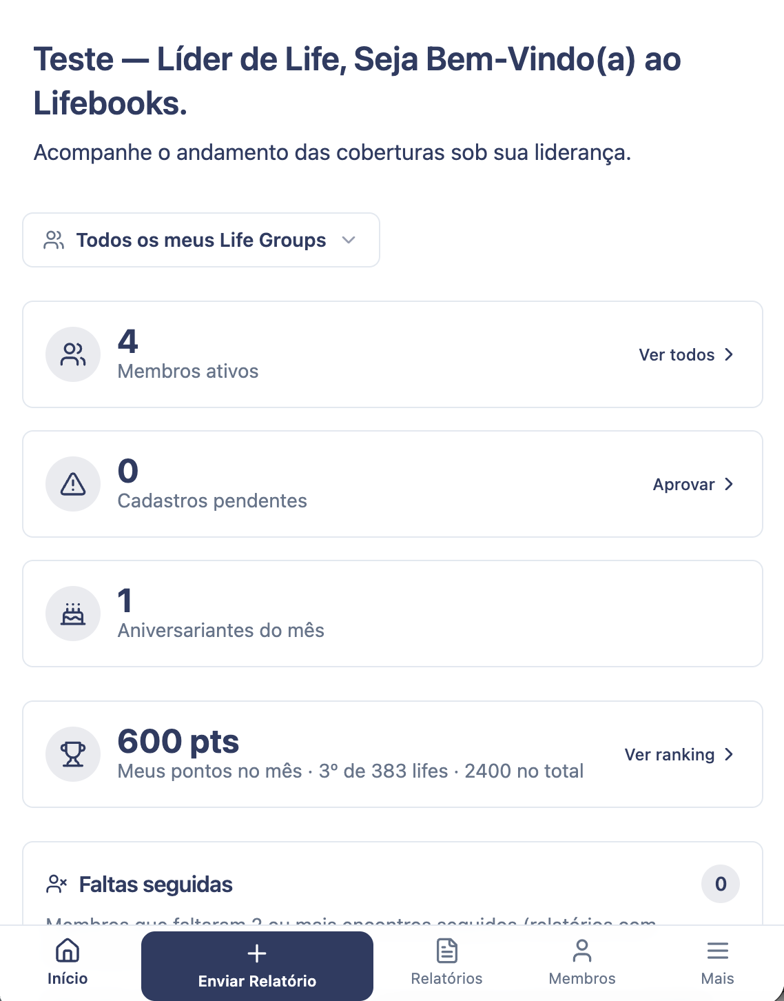 Painel do líder de Life no celular, com a barra inferior e o botão Enviar Relatório em destaque
