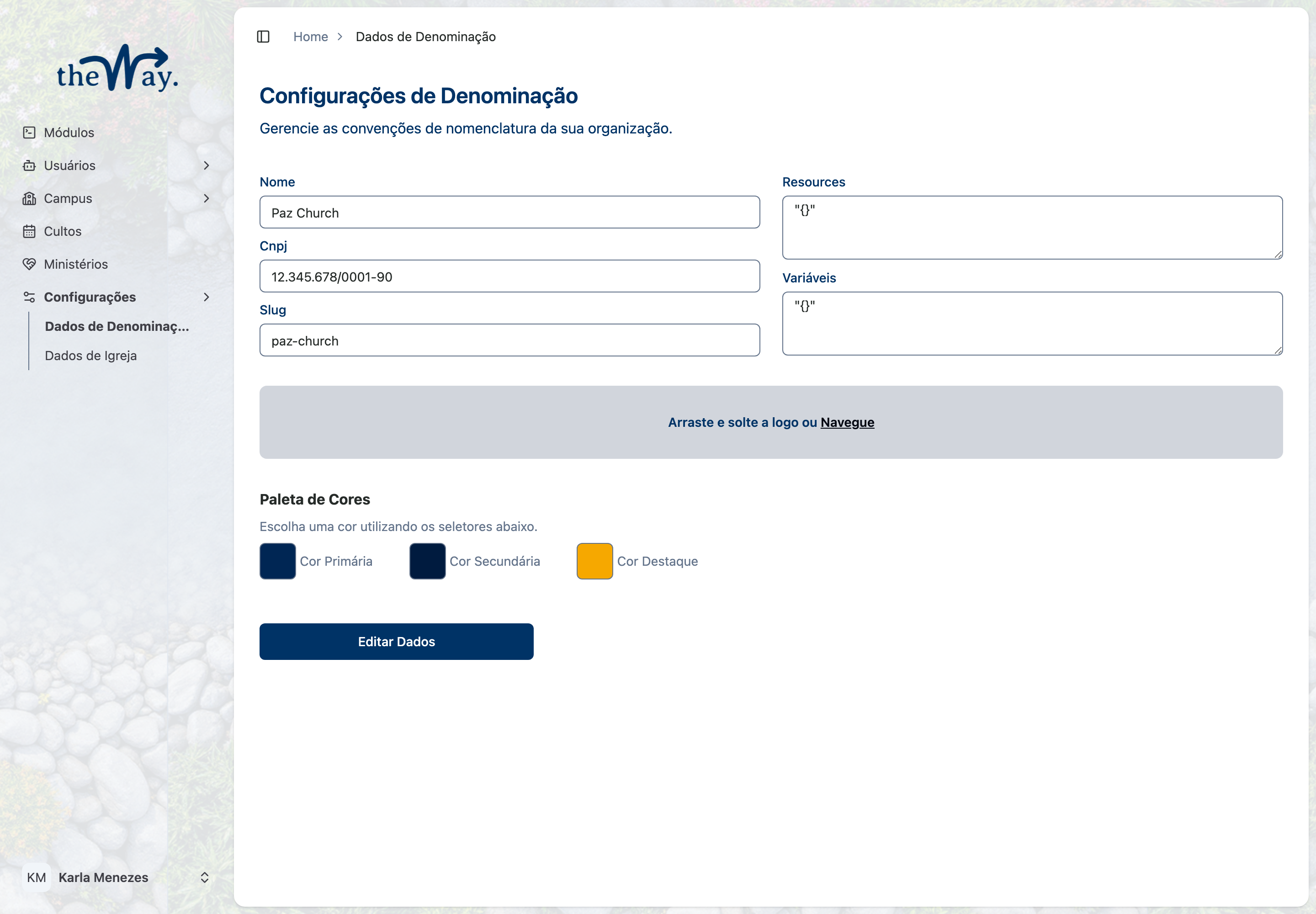 Tela de configuração da denominação, com nome, logo e as três cores