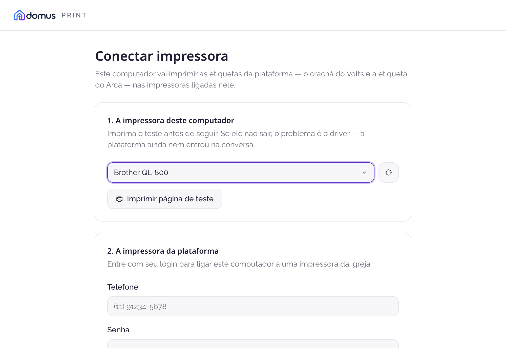 Tela Conectar impressora, com a impressora do computador escolhida e o login da plataforma abaixo