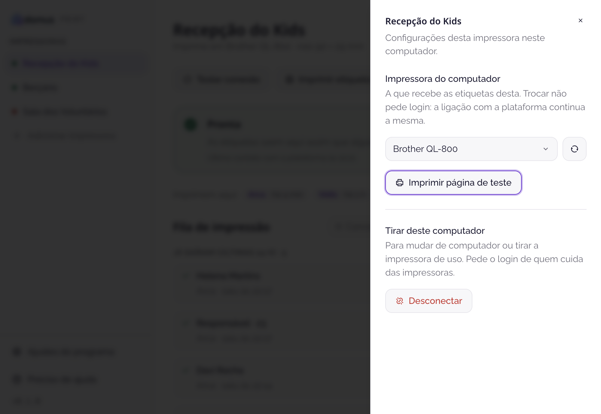 Painel Configurar com a impressora do computador, a página de teste e desconectar