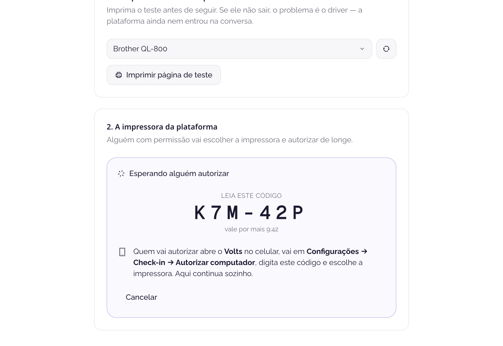 Código K7M-42P em destaque, com o tempo que falta e as instruções