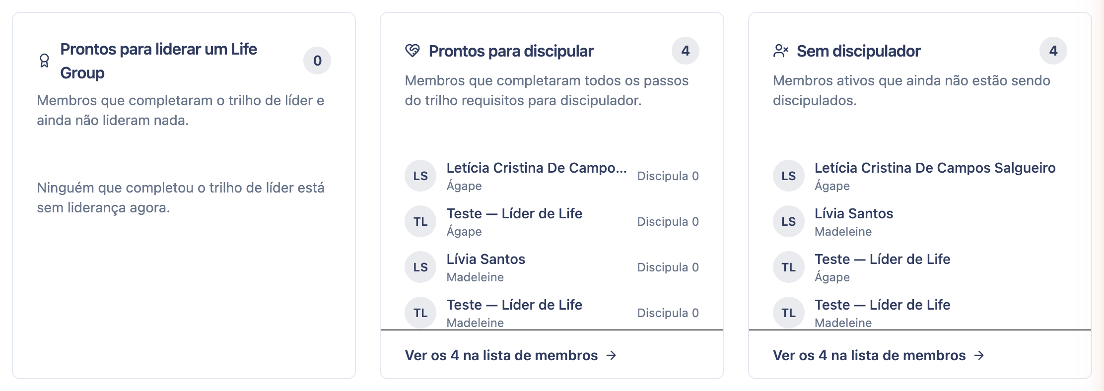 Cards Prontos para liderar, Prontos para discipular e Sem discipulador, lado a lado