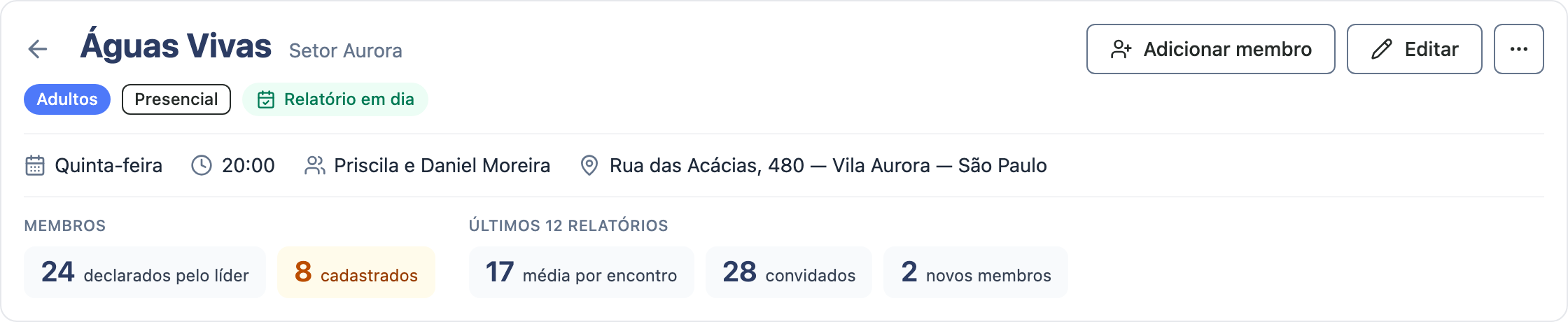 Cabeçalho do Life com liderança, dia e horário, endereço e os números do período