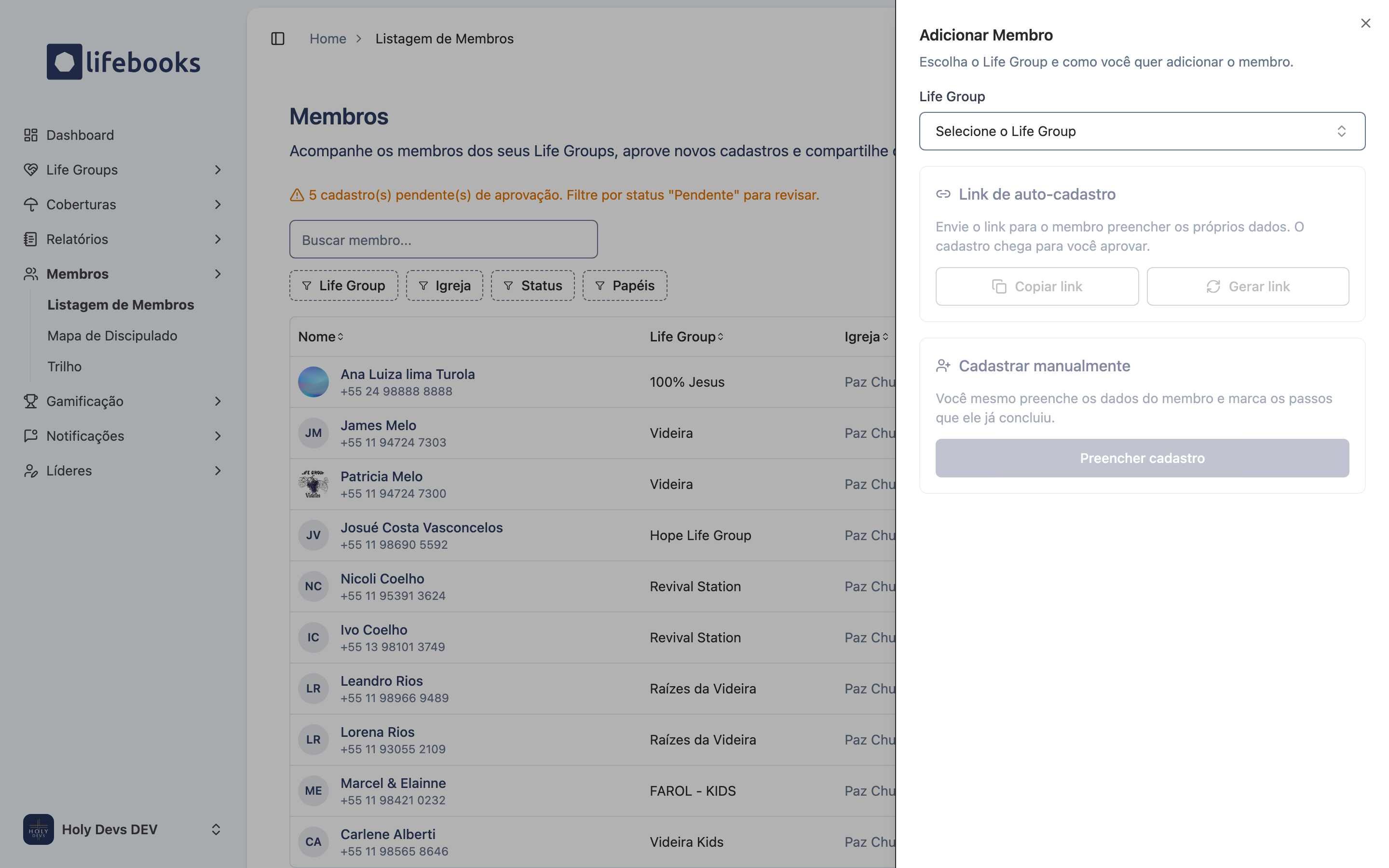 Janela Adicionar Membro com as opções de link e cadastro manual