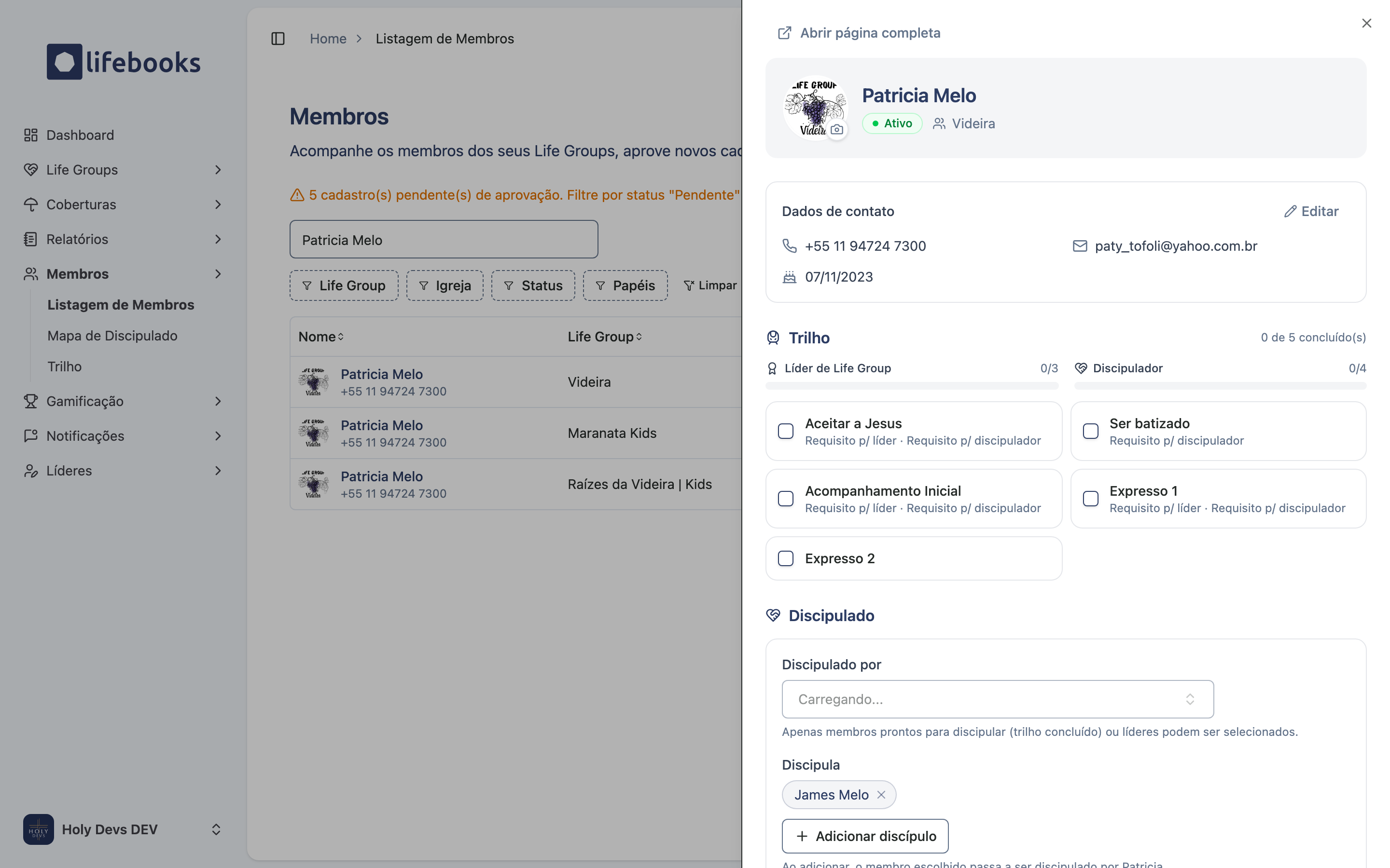 Perfil do membro com dados de contato, trilho e discipulado