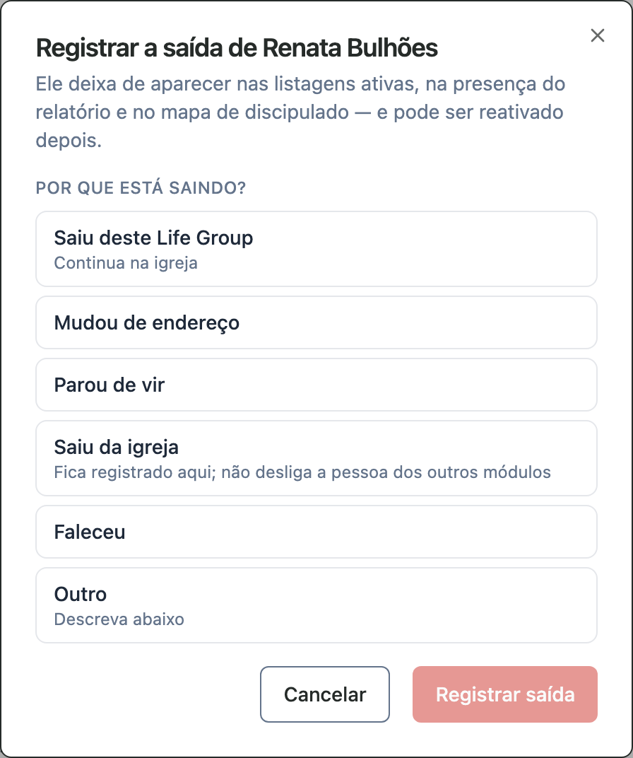 Janela para registrar a saída de um membro, com os motivos