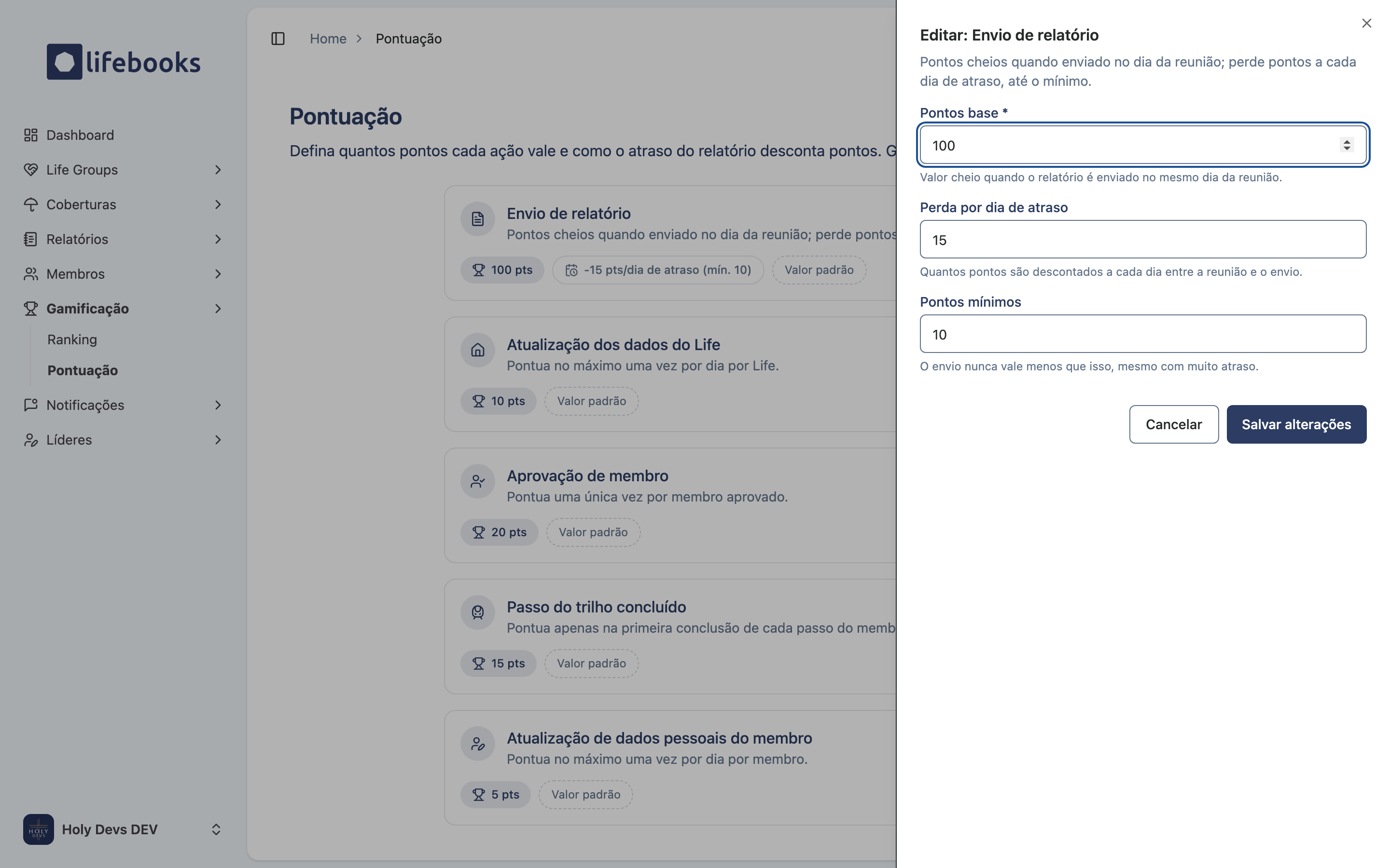 Painel de edição da pontuação do envio de relatório
