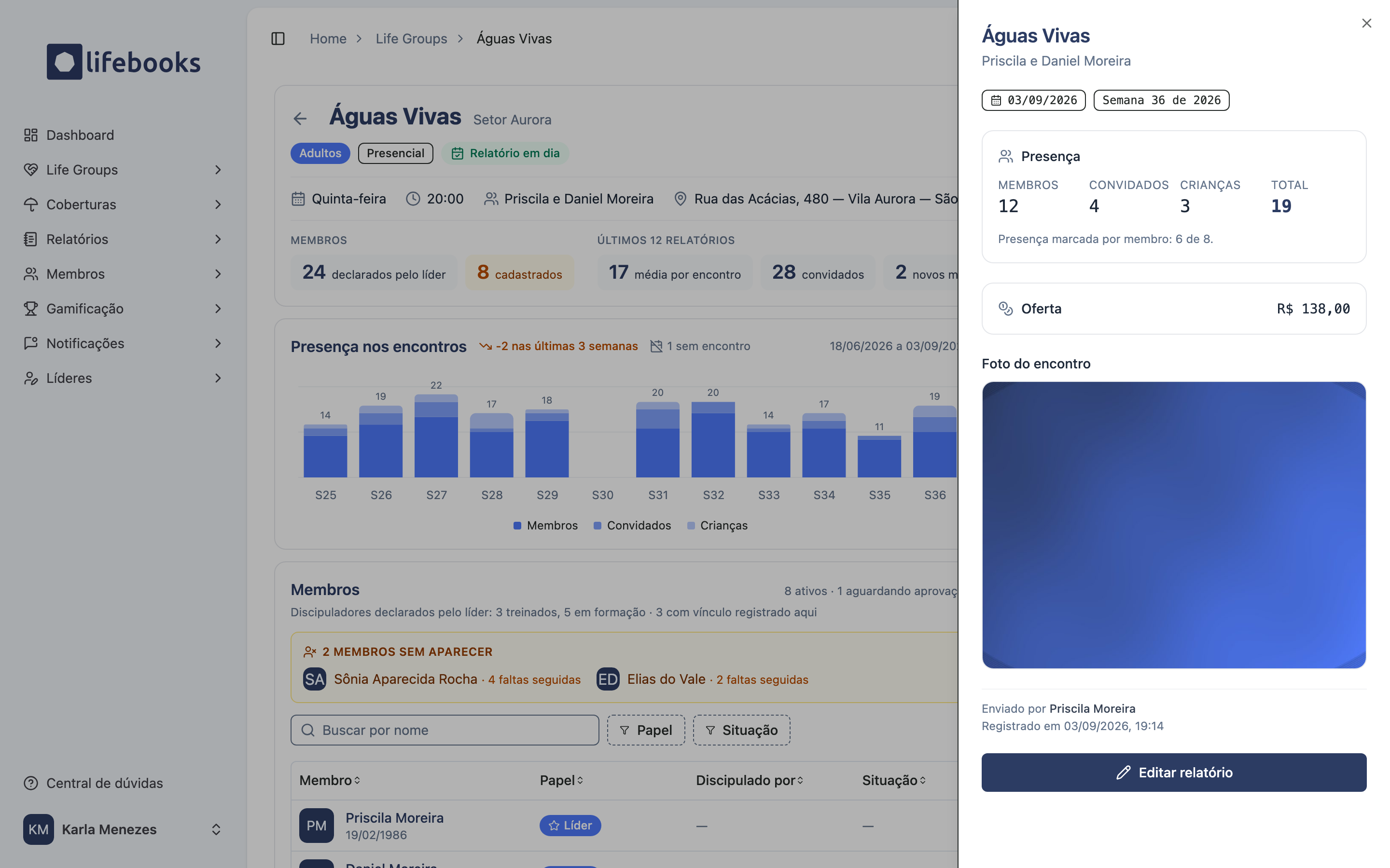 Painel lateral com os dados de um relatório enviado