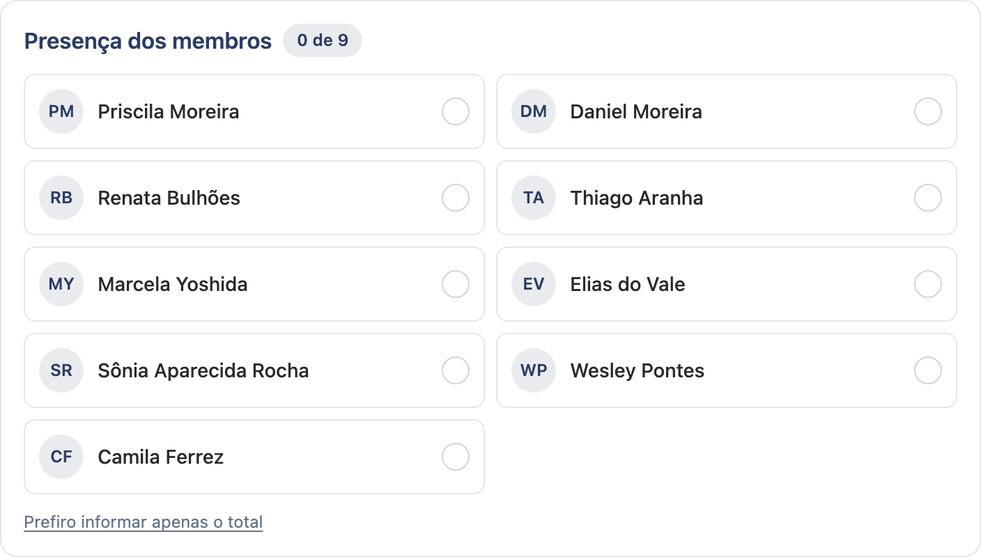Lista de membros com uma bolinha para marcar quem estava presente