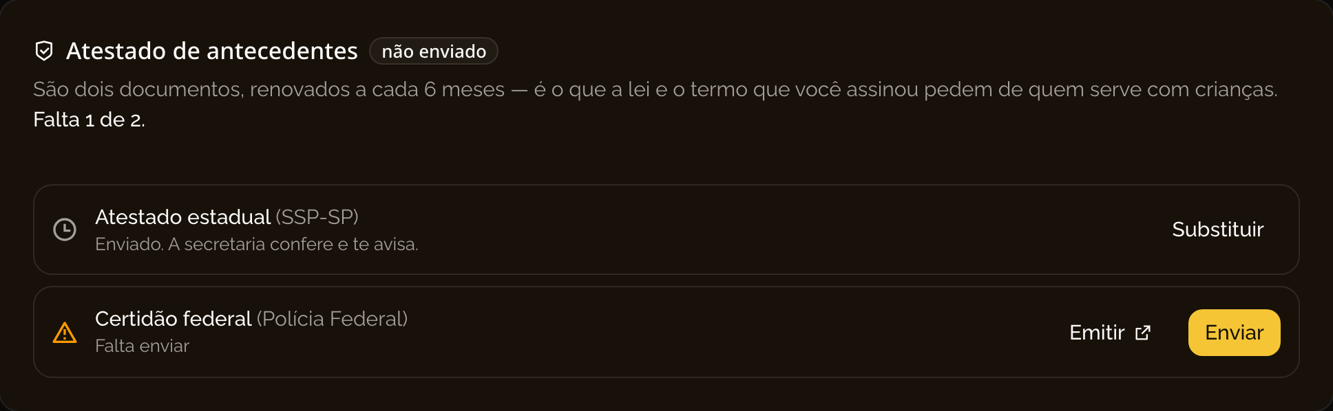 Card do atestado com o documento estadual e a certidão federal, cada um com seu botão