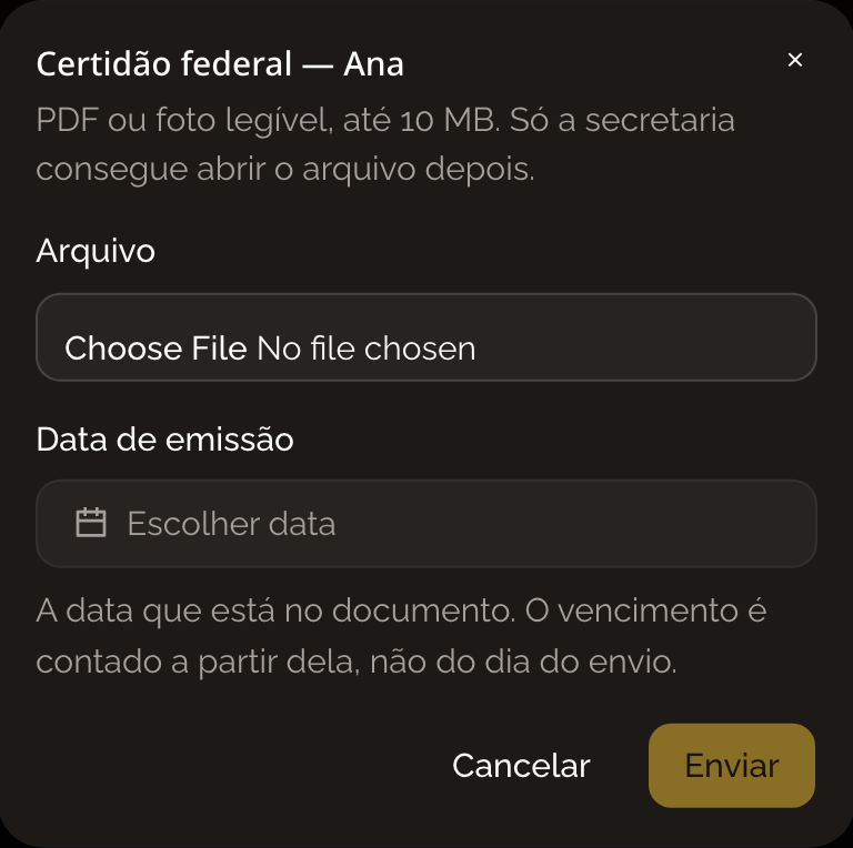 Janela de envio do atestado, com o campo de arquivo e a data de emissão