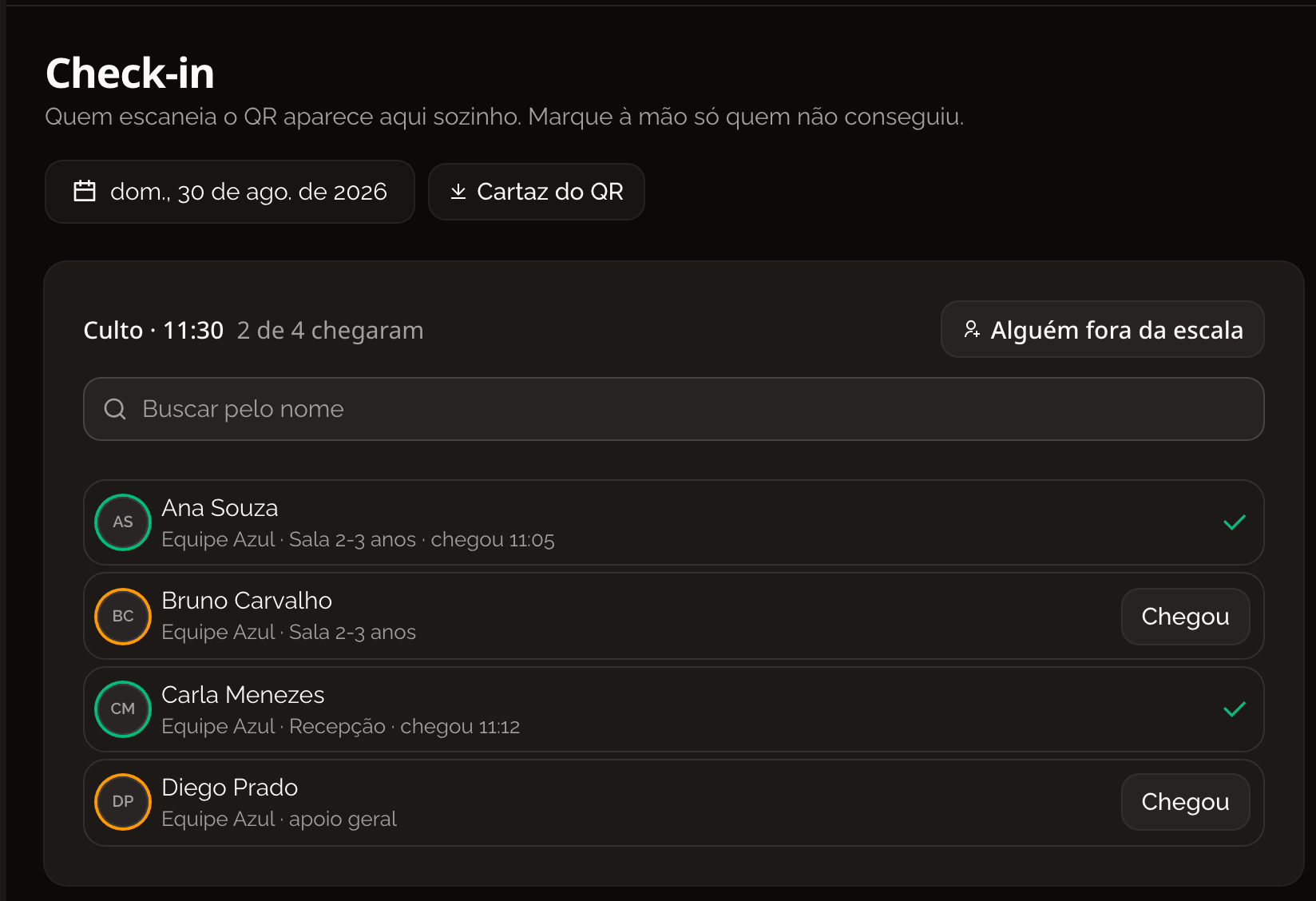 Tela do gestor com a lista de escalados e a busca