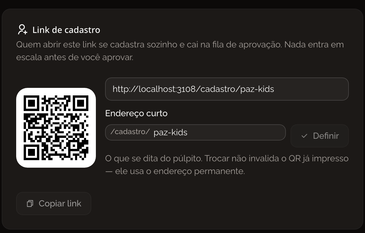 Painel do link de cadastro, com QR, o endereço e o campo de endereço curto