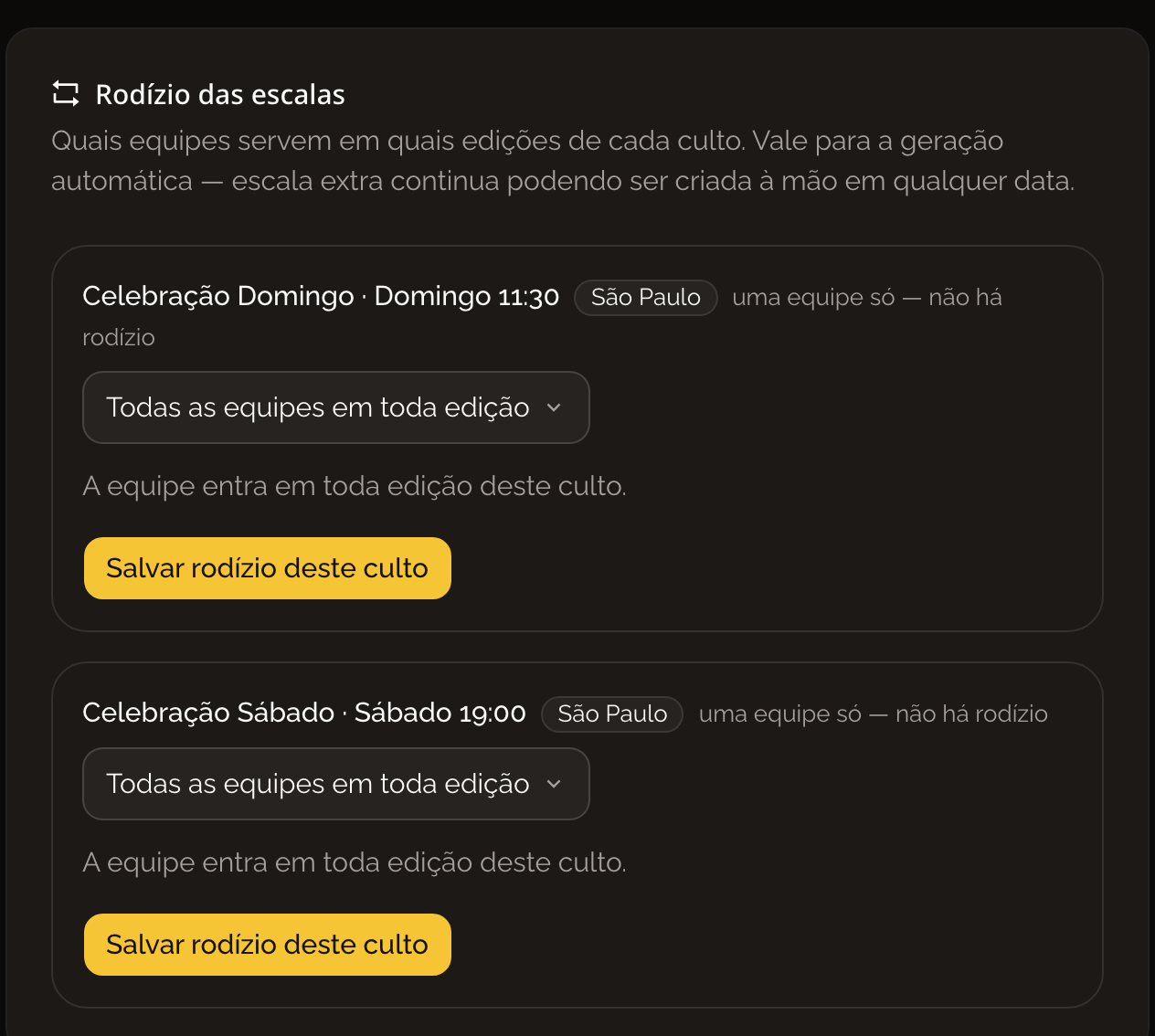 Rodízio por culto, com as equipes de cada um