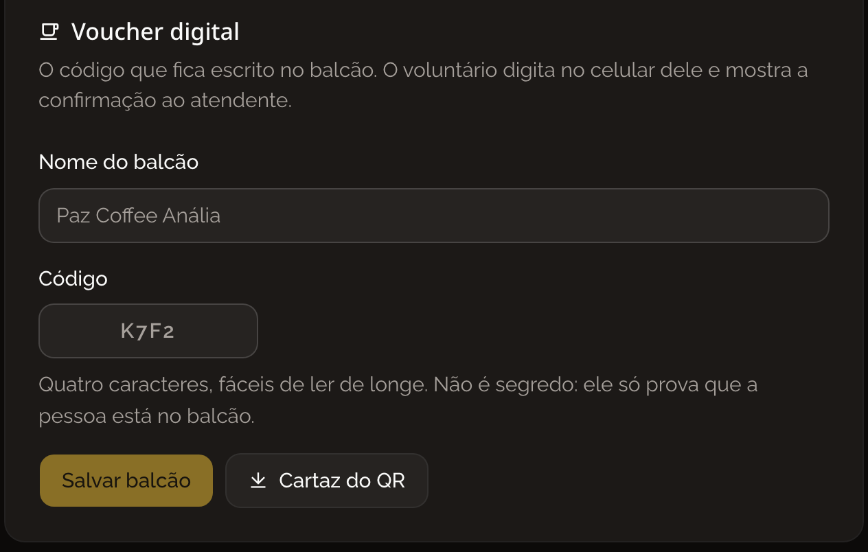 Seção Voucher digital das configurações, com nome do balcão, código de quatro caracteres e os botões de salvar e baixar o cartaz