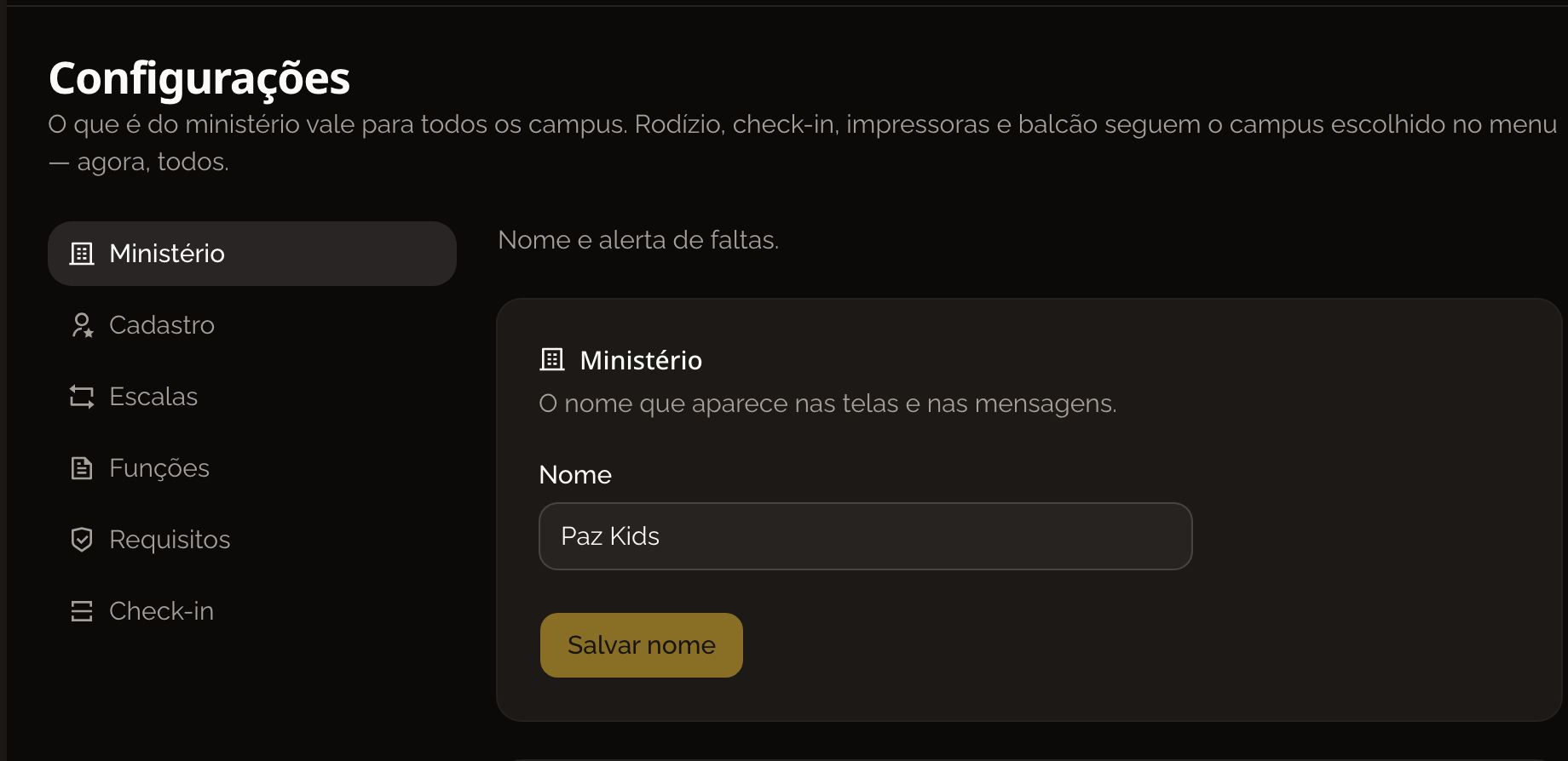 Tela de configurações com as seções listadas à esquerda