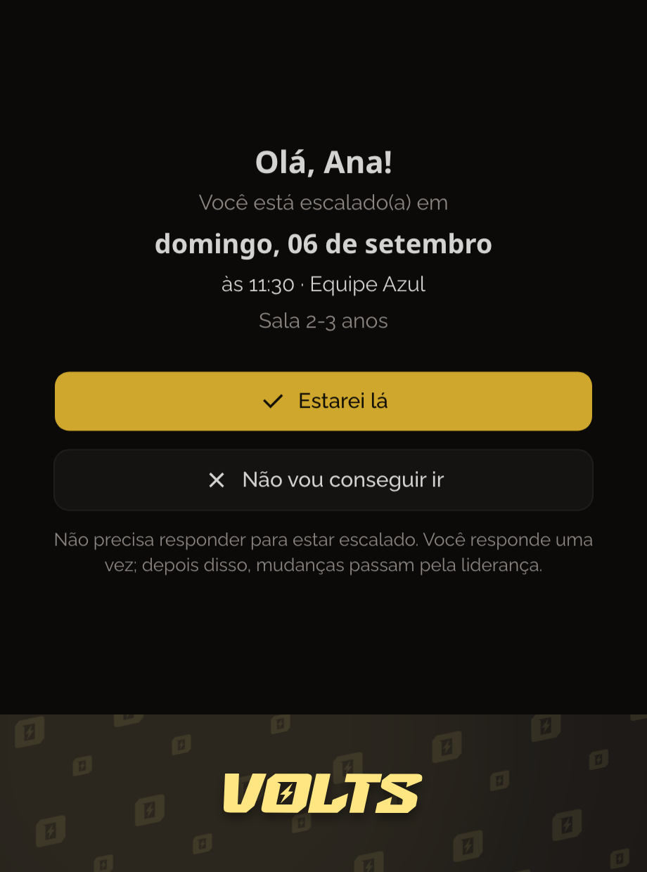 Tela do link de confirmação, com o culto e os dois botões