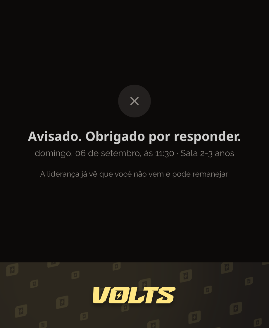 Tela de recibo: avisado, obrigado por responder, com o dia, a hora e a função
