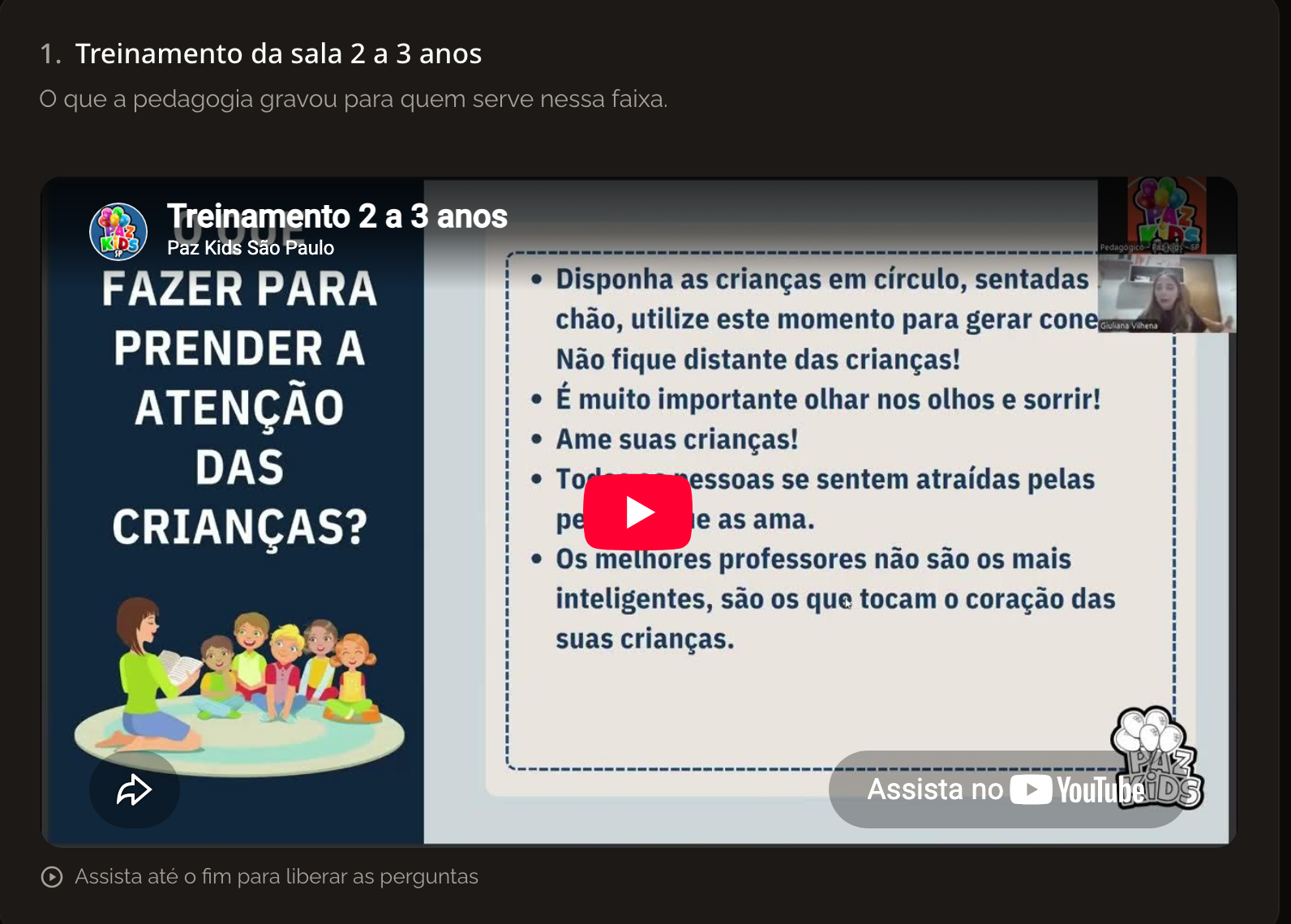 Tela do curso com o vídeo da lição e o aviso de quantas lições faltam