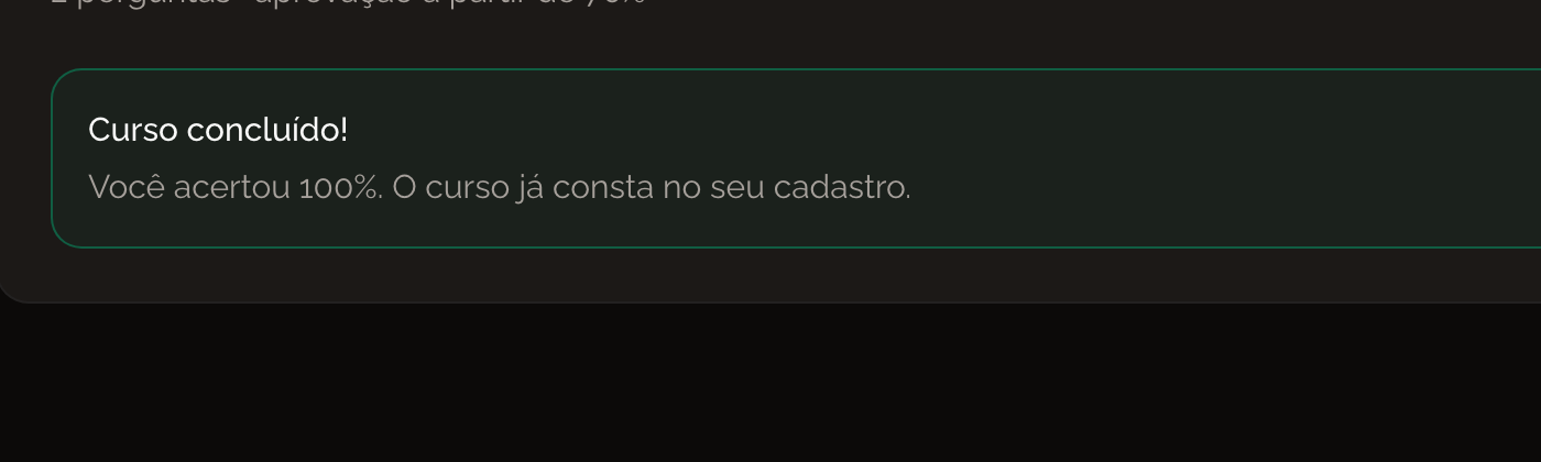 Faixa verde de curso concluído, com a nota e o aviso de que o curso já consta no cadastro