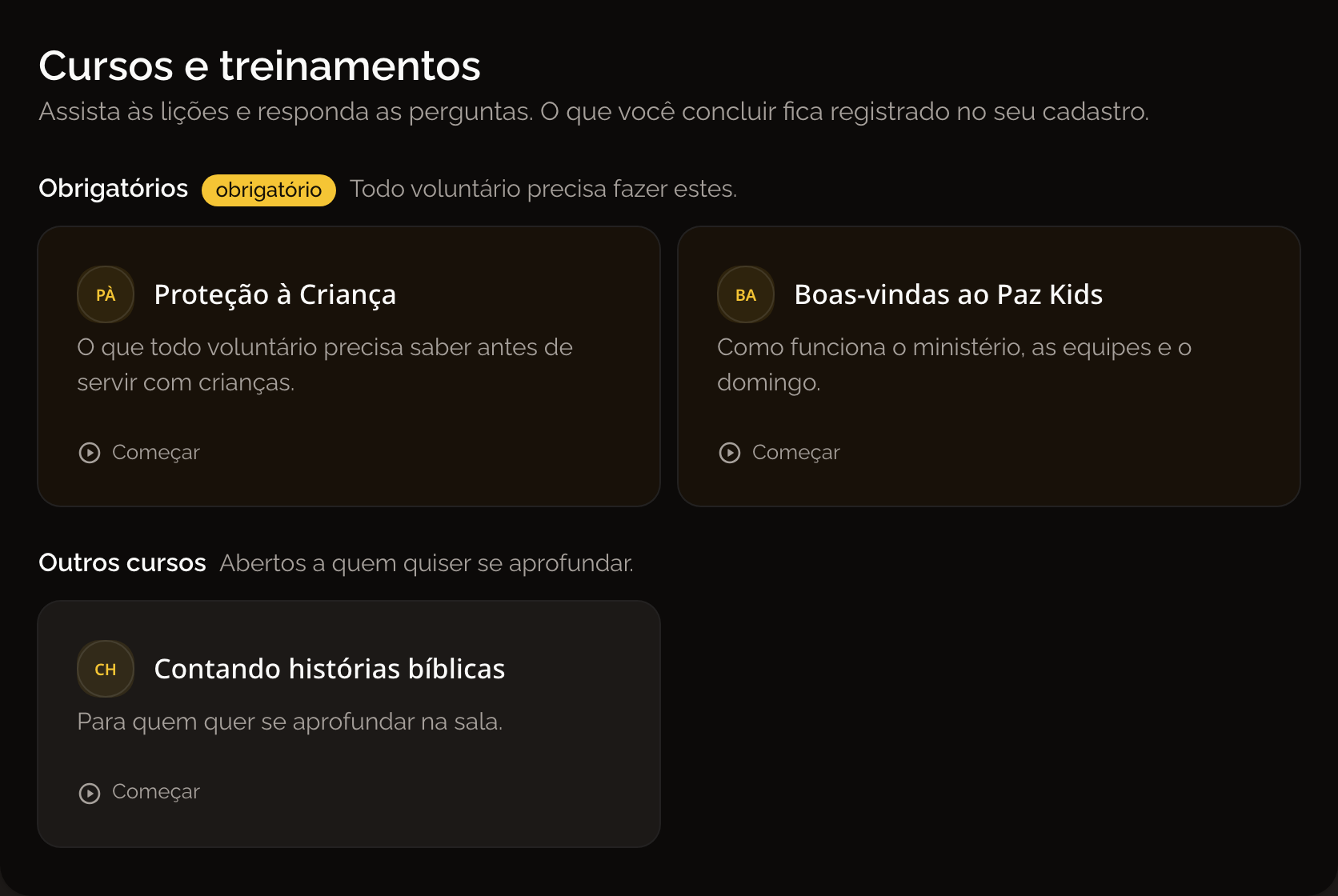 Lista de cursos, com os obrigatórios destacados em cima e os demais abaixo