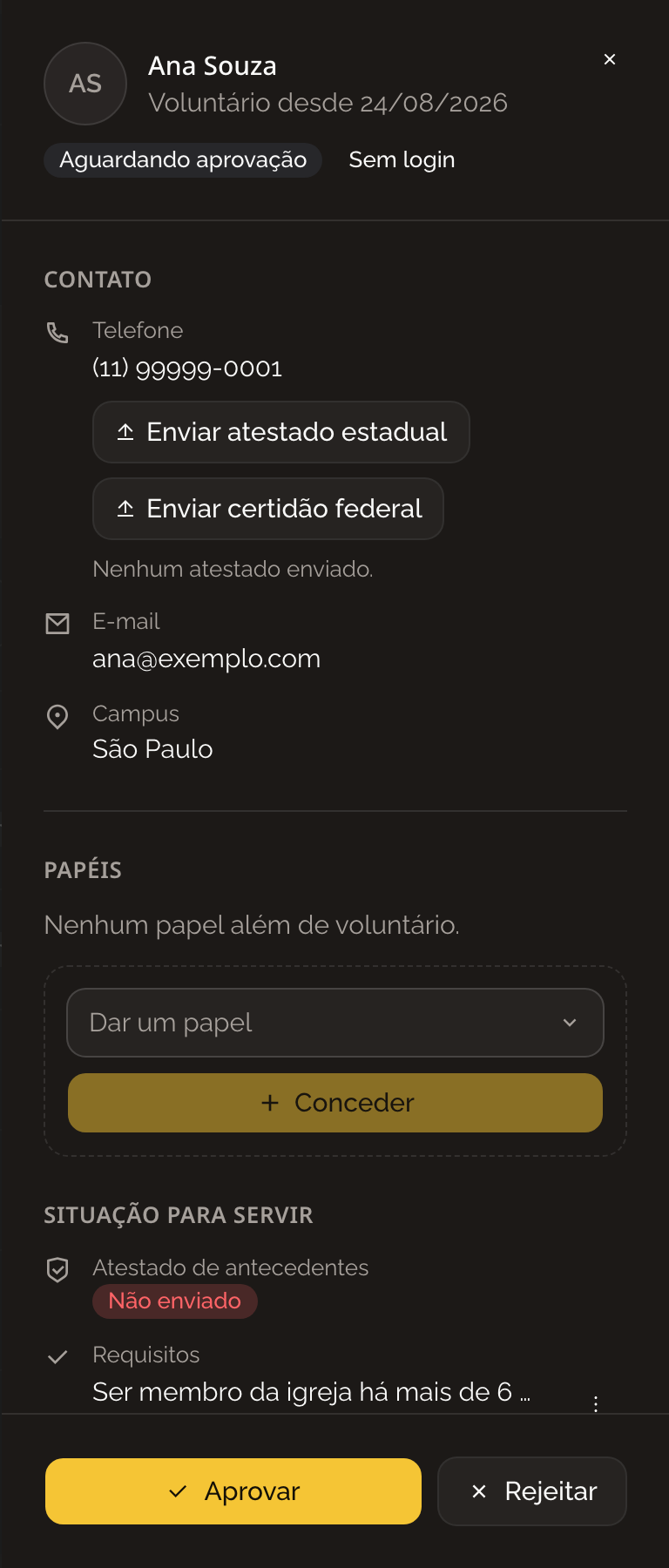 Ficha do voluntário com dados, requisitos, declarações e os botões de aprovar e rejeitar