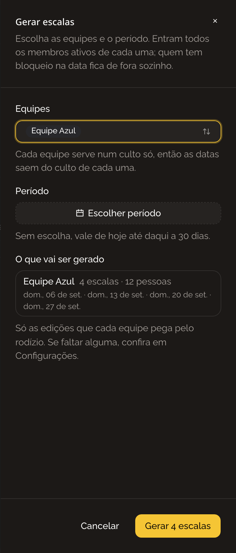 Painel de geração com as equipes, o período e o resumo do que será gerado