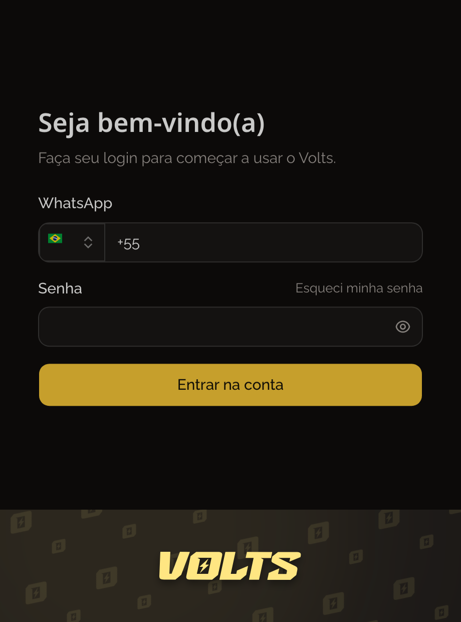 Tela de login do Volts, com os campos de WhatsApp e senha
