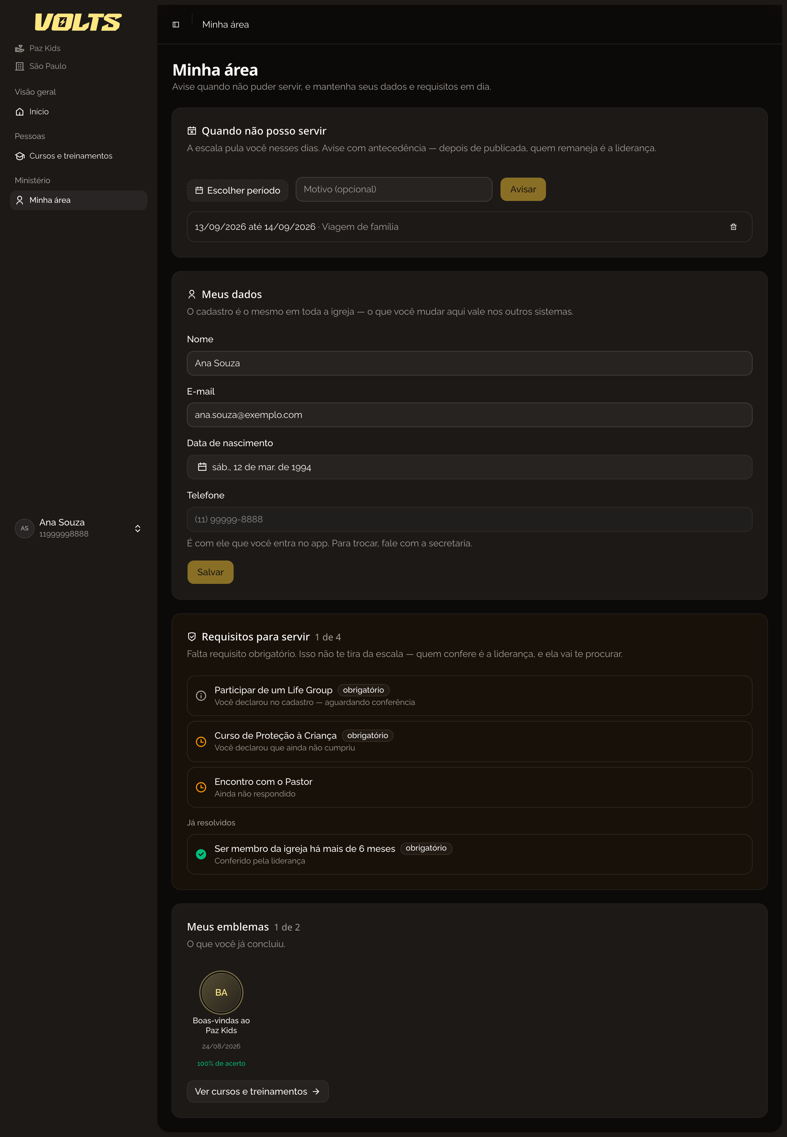 Tela Minha área com o card de bloqueios, os dados pessoais, os requisitos e os emblemas