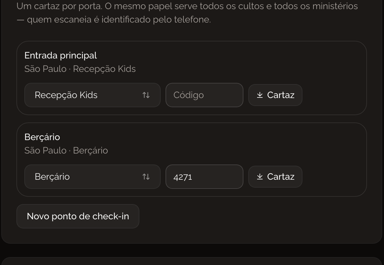 Lista dos pontos de check-in, cada um com nome, impressora e código da porta